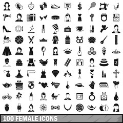 100 female icons set, simple style 