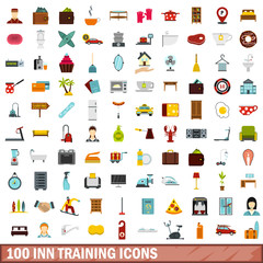 100 inn training icons set, flat style