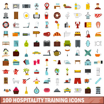 100 hospitality training icons set, flat style
