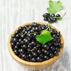 Delicious black berries in a bowl on white background. Summer background.  Selective focus, space for text.