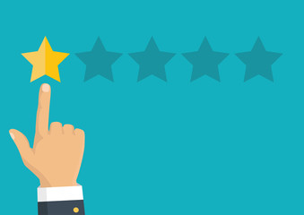 Rating golden stars. Feedback, reputation and quality concept. Hand pointing, finger pointing to five star rating. Customer review concept. Vector