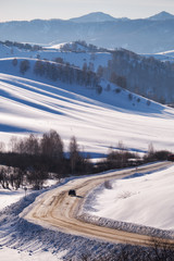 Obraz premium Winter road and trees under snow in Altai