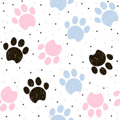 Colorful dogs paw seamless pattern. Vector hand drawn illustartion.