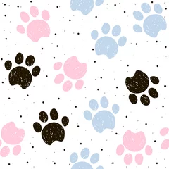 Fototapete Hunde Nahtloses Muster der bunten Hundepfote. Gezeichnete Illustration des Vektors Hand.
