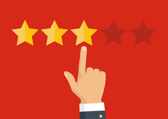Rating golden stars. Feedback, reputation and quality concept. Hand pointing, finger pointing to five star rating. Customer review concept. Vector