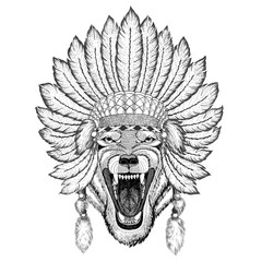 Wolf Dog Wild animal wearing indiat hat with feathers Boho style vintage engraving illustration Image for tattoo, logo, badge, emblem, poster
