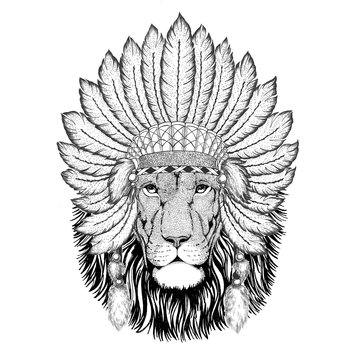 Wild Lion Wild animal wearing indiat hat with feathers Boho style vintage engraving illustration Image for tattoo, logo, badge, emblem, poster