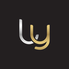 Initial lowercase letter ly, linked overlapping circle chain shape logo, silver gold colors on black background