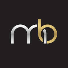 Initial lowercase letter mb, linked overlapping circle chain shape logo, silver gold colors on black background