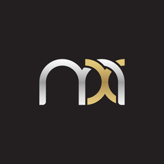 Initial lowercase letter mx, linked overlapping circle chain shape logo, silver gold colors on black background