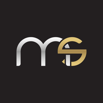 Initial lowercase letter ms, linked overlapping circle chain shape logo, silver gold colors on black background