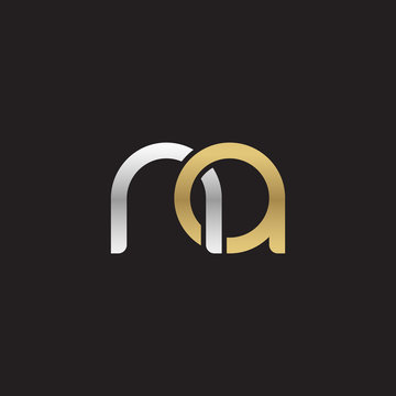 Initial lowercase letter na, linked overlapping circle chain shape logo, silver gold colors on black background