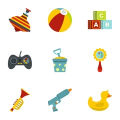 Children toys icons set, flat style