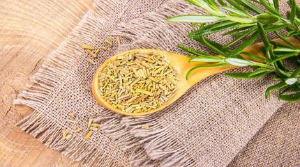 Fresh raw and dry rosemary on rustic background.