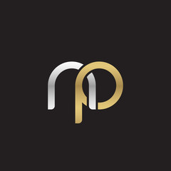Initial lowercase letter np, linked overlapping circle chain shape logo, silver gold colors on black background      © ariefpro