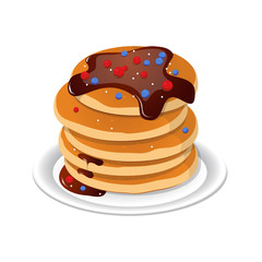 Fresh tasty hot pancakes with sweet maple syrup. Cartoon icon isolated on background. Vintage restaurant sign. Vector illustration, eps10.