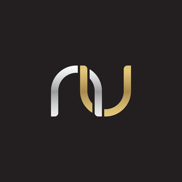 Initial lowercase letter nu, linked overlapping circle chain shape logo, silver gold colors on black background
 
