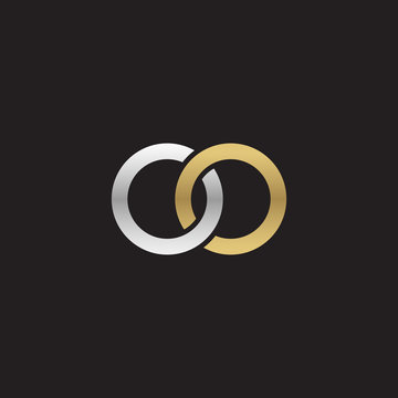 Initial lowercase letter oo, linked overlapping circle chain shape logo, silver gold colors on black background
 
