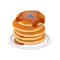 Fresh tasty hot pancakes with sweet maple syrup. Cartoon icon isolated on background. Vintage restaurant sign. Vector illustration, eps10.