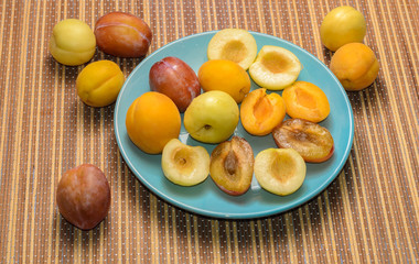 Naklejka na ściany i meble Summer fruits: apples, pears, apricots, plums on a blue plate