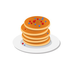 Fresh tasty hot pancakes with sweet maple syrup. Cartoon icon isolated on background. Vintage restaurant sign. Vector illustration, eps10.