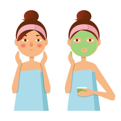 Beautiful girl inflicts a mask of clay or cream on the face. Beauty, body care concept. Vector illustration