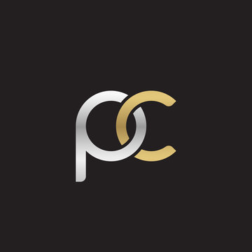 Initial lowercase letter pc, linked overlapping circle chain shape logo, silver gold colors on black background
 
