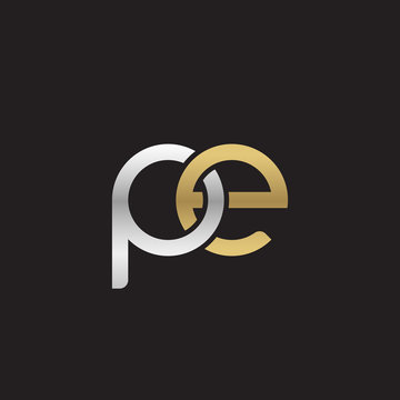 Initial lowercase letter pe, linked overlapping circle chain shape logo, silver gold colors on black background
 
