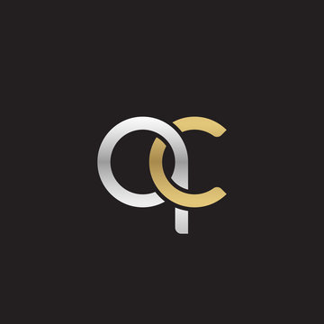 Initial lowercase letter qc, linked overlapping circle chain shape logo, silver gold colors on black background