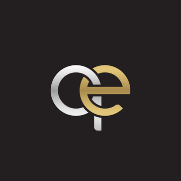 Initial lowercase letter qe, linked overlapping circle chain shape logo, silver gold colors on black background