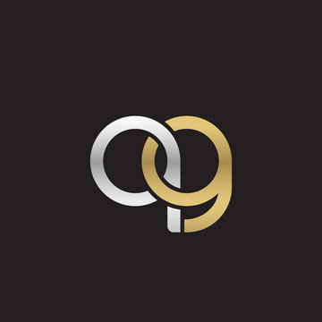 Initial lowercase letter qg, linked overlapping circle chain shape logo, silver gold colors on black background