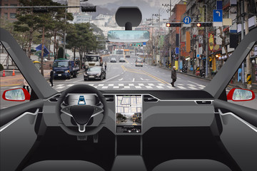 Autonomous driverless car. Self-driving vehicle on city street