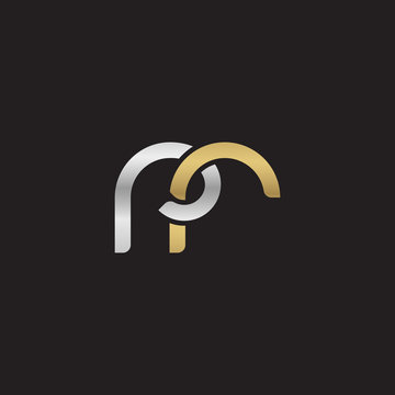 Initial lowercase letter rr, linked overlapping circle chain shape logo, silver gold colors on black background