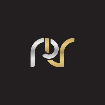 Initial lowercase letter rv, linked overlapping circle chain shape logo, silver gold colors on black background