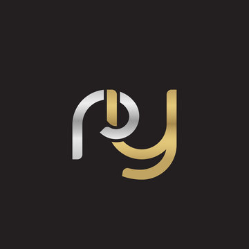 Initial lowercase letter ry, linked overlapping circle chain shape logo, silver gold colors on black background