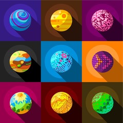 Alien planets icons set, flat style