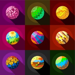 Fantasy planets icons set, flat style