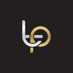 Initial lowercase letter tp, linked overlapping circle chain shape logo, silver gold colors on black background