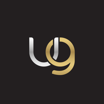 Initial lowercase letter ug, linked overlapping circle chain shape logo, silver gold colors on black background