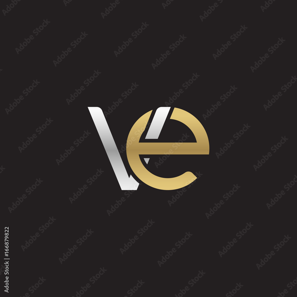 Wall mural initial lowercase letter ve, linked overlapping circle chain shape logo, silver gold colors on black