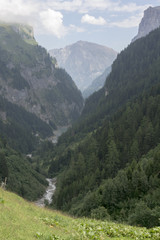 Fototapeta na wymiar Bergpanorama: Schroffes Alptal mit mäandrierendem Fluss