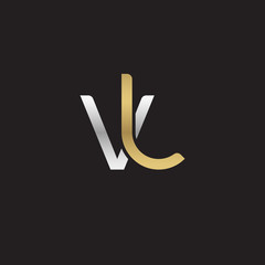 Initial lowercase letter vl, linked overlapping circle chain shape logo, silver gold colors on black background