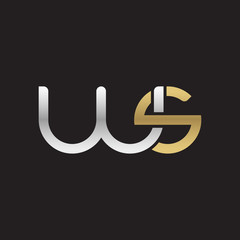 Initial lowercase letter ws, linked overlapping circle chain shape logo, silver gold colors on black background