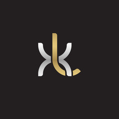 Initial lowercase letter xl, linked overlapping circle chain shape logo, silver gold colors on black background