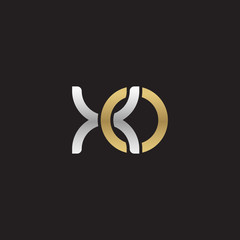 Initial lowercase letter xo, linked overlapping circle chain shape logo, silver gold colors on black background