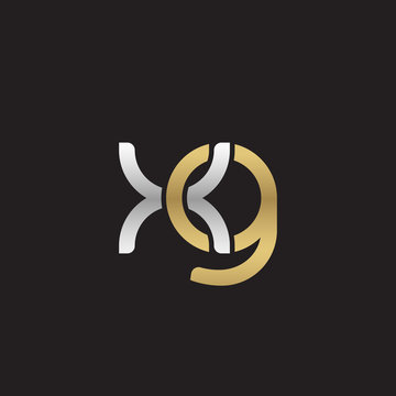 Initial lowercase letter xg, linked overlapping circle chain shape logo, silver gold colors on black background