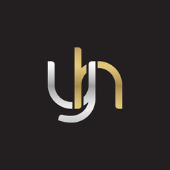 Initial lowercase letter yh, linked overlapping circle chain shape logo, silver gold colors on black background
