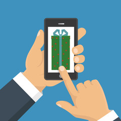 Gift app page on smartphone screen. Hand hold smartphone. Mobile concept for web banners, web sites, infographics. Vector illustration