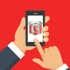 Gift app page on smartphone screen. Hand hold smartphone. Mobile concept for web banners, web sites, infographics. Vector illustration