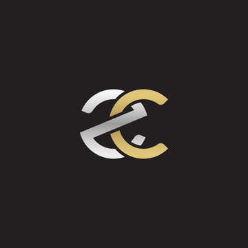Initial lowercase letter zc, linked overlapping circle chain shape logo, silver gold colors on black background